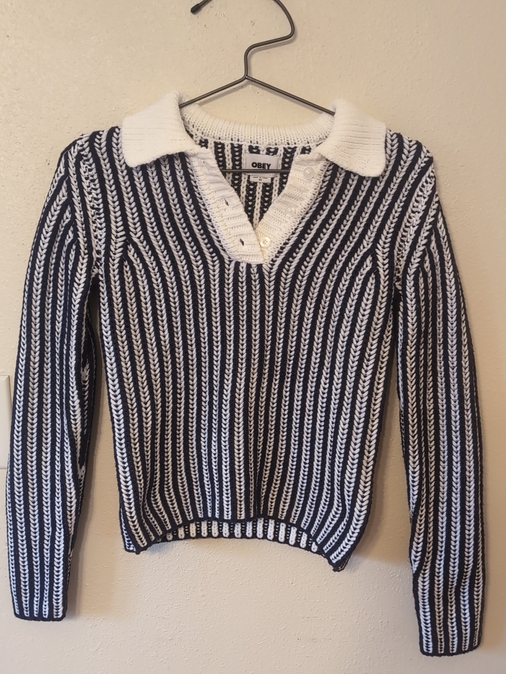 Obey Women's Navy and White V-Neck Polo Stripe Sweater